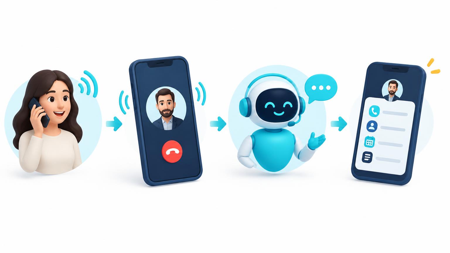 A caller reaches a mobile, Ella answers when the person is unavailable, and a call summary returns to the user
